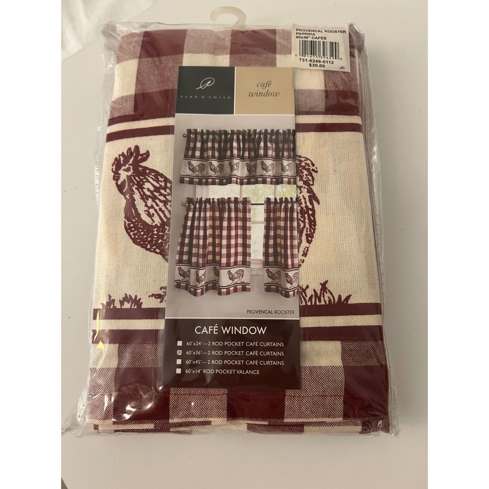 Park B Smith Provencal Rooster Cafe Curtains Paprika Red Plaid 60x36 - 2 Panels